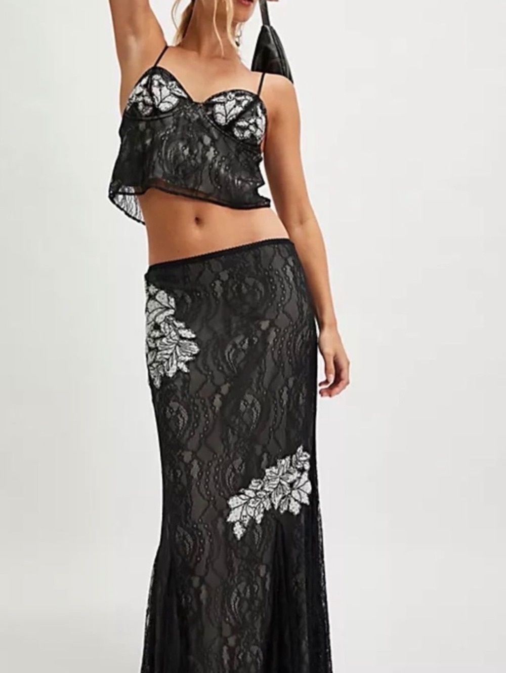 Free People Black Lace Floral Applique Camisole and Maxi Skirt Set, Size M - Picture 2 of 7